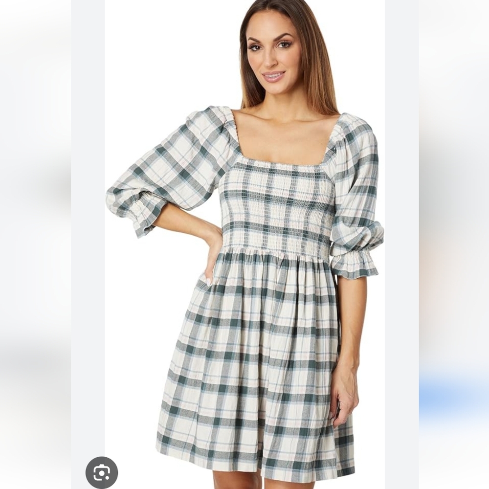Madewell Lucie Elbow-Sleeve Smocked Mini Dress in Lebaum Plaid Antique Cream Siz
